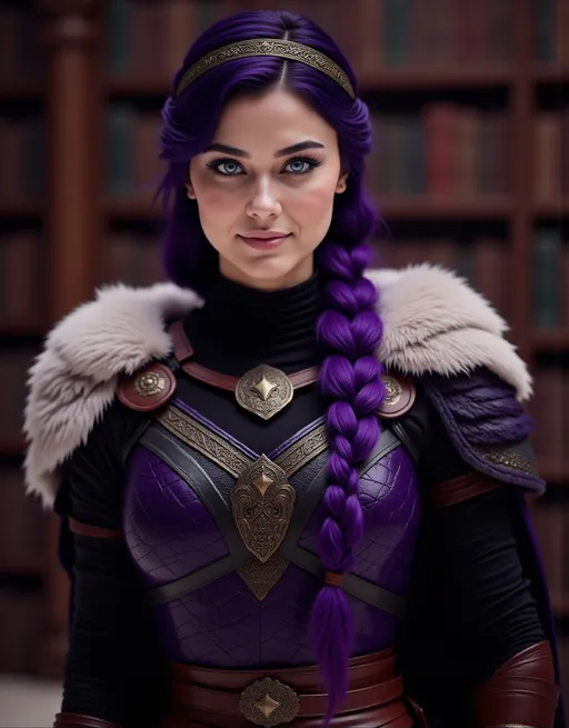 Prompt: @pPnVxWGy97w3Vtk0Z9dB CGI Animation, digital art, 20-year-old-old viking woman with light blue eyes, she is standing in her library, she is of royalty, {{black gear, purple armor}}, black hair with purple strands, single braid down her shoulder with a tiara, subtle smile, unreal engine 8k octane, 3d lighting, close up camera shot on the face, full armor