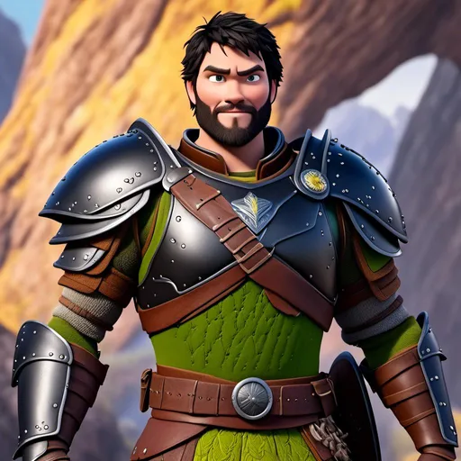 Prompt: <mymodel>Animated CGI style of a fierce ((Caucasian Viking male)) with black hair of the style of side swept undercut, joyous gaze, yellow gear and green armor, realistic clothing textures, high quality, CGI, realistic, viking, male, Caucasian, detailed facial features, highres, professional, intense lighting