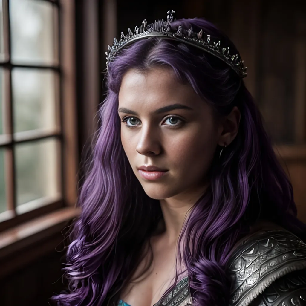 Prompt: create most beautiful fictional female viking princess, (((dark purple hair))), extremely detailed environment, detailed background, intricate, detailed skin, professionally color graded, photorealism, 8k, moody lighting