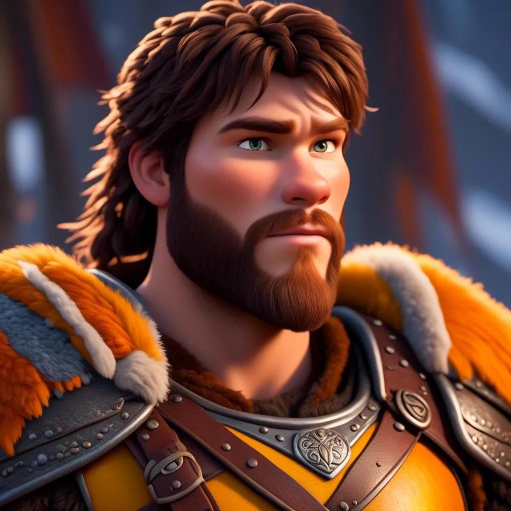 Prompt: <mymodel>Animated CGI style of a fierce 24-year-old Caucasian Viking with dark hair, light body build, intense gaze, realistic (yellow light armor) with highlights of orange textures, high quality, CGI, realistic, intense gaze, viking, male, Caucasian, detailed facial features, highres, professional, intense lighting