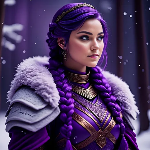 Prompt: A photo of <mymodel> with a heavy purple fur tunic in the snow, ((she has a single hair braid down her shoulder))