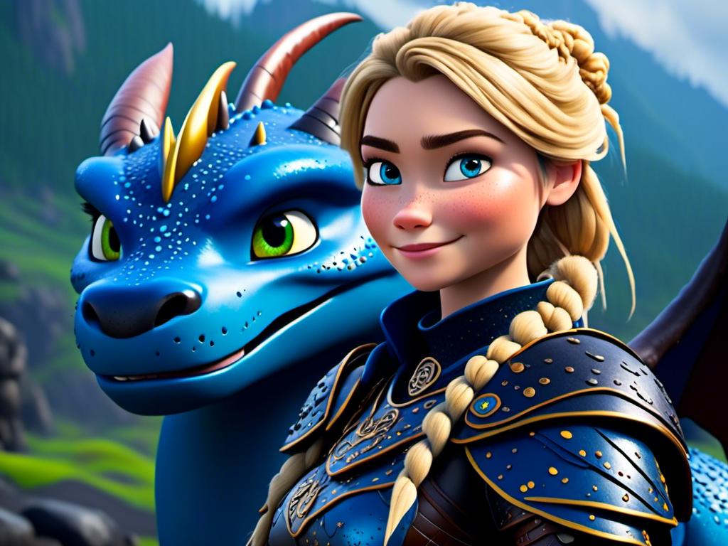 Prompt: <mymodel>CGi Animation, 20-year-old viking woman with blue eyes, a rainy scene, she is standing next to a bright blue dragon with gold highlights, they are both in the rain, the viking woman has a subtle smile, blonde hair in a ponytail style, she has blue gear, gold armor, black pants, black boots