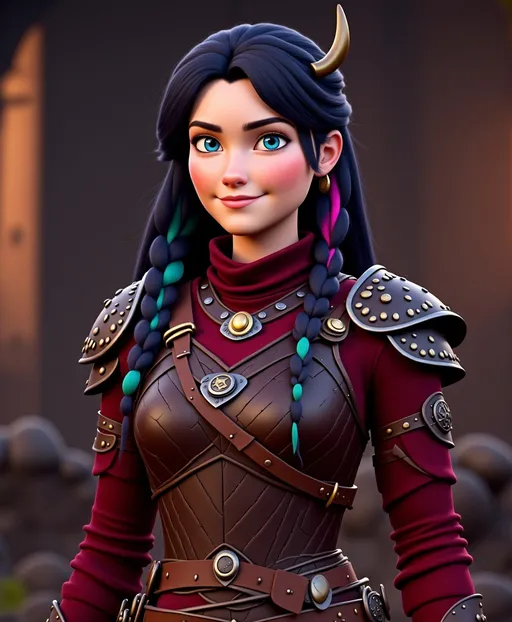 Prompt: <mymodel>CGI Animation, digital art, 20-year-old-old viking woman with violet eyes, Dark red Long sleeve shirt, skirt with dragon teeth on it, wears the snow wraith hood, ((dark dark blue hair with teal, pink and purple streaks)), standing in a viking The Great Hall, subtle smile, unreal engine 8k octane, 3d lighting, close up camera shot on the face, full armor
