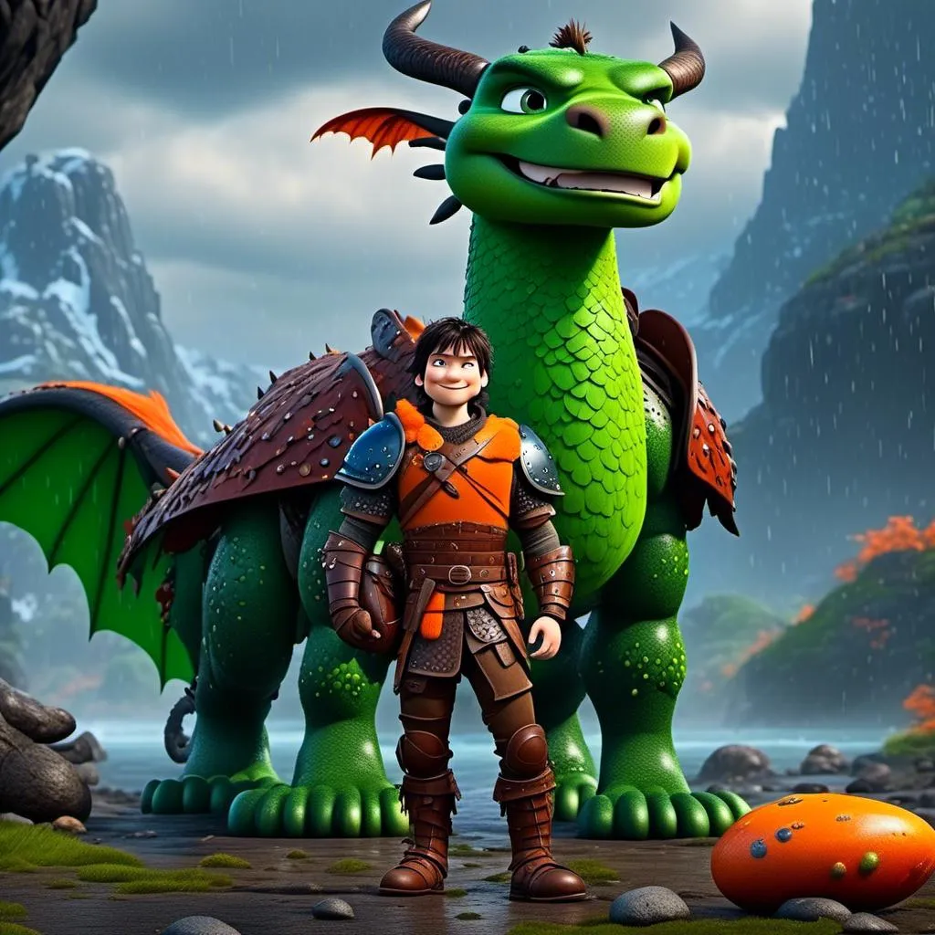 Prompt: <mymodel>CGi Animation, 20-year-old viking man with blue eyes, a rainy scene, the viking man has a subtle smile, black hair, he has red gear, orange armor, black pants, black boots, he is standing next to a bright green dragon with orange highlights, they are both in the rain, 