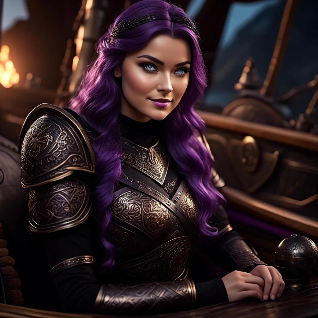 Prompt: <mymodel>25-year-old viking woman, subtle smile, light blue eyes, black gear, bright black armor, black textures and highlights, sitting in the hull of a viking ship, blurry background, unreal engine 8k octane, 3d lighting, full body, full armor