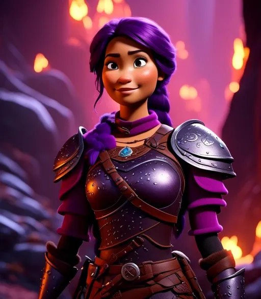 Prompt: <mymodel>CGI Animation, digital art, 20-year-old-old viking woman with light blue eyes, in a cave with dim torches, she is of royalty standing, {{black gear, purple armor}}, purple hair, single braid down her shoulder with a tiara, subtle smile, unreal engine 8k octane, 3d lighting, close up camera shot on the face, full armor