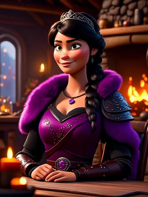 Prompt: <mymodel>CGI Animation, digital art, 20-year-old-old viking woman of royalty sitting at a desk in her home in the living room next to the fireplace, {{{blue eyes}}}, {{black gear, purple armor}}, black hair, single braid down her shoulder with a tiara, subtle smile, unreal engine 8k octane, 3d lighting, close up camera shot on the face, full armor