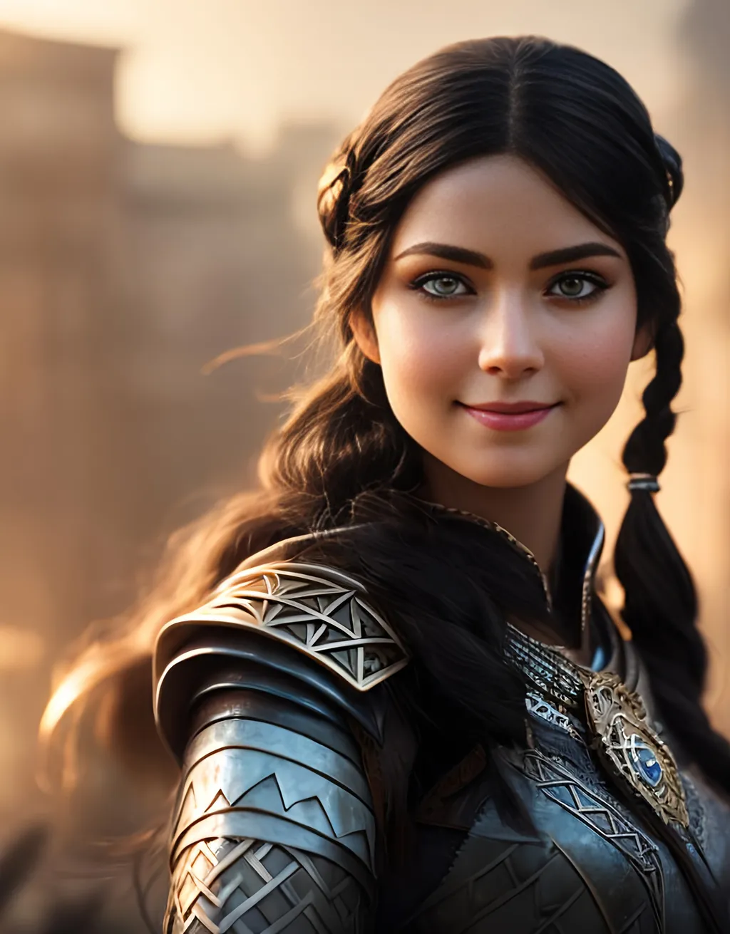 Prompt: she has black hair, create most beautiful fictional female princess viking warrior, hopeful smile, black hair, light blue eyes, extremely detailed environment, detailed background, intricate, detailed skin, professionally color graded, photorealism, 8k, moody lighting