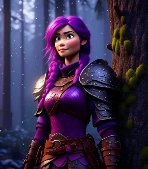 Prompt: <mymodel>CGI Animation, digital art, 20-year-old-old viking woman with light blue eyes, it is raining, she is of royalty standing at night next to a tree with her hands resting on the bark, she is in a dimly lit thick forest with trees everywhere, dense fog, {{black gear, purple armor}}, purple hair, single braid down her shoulder with a tiara, subtle smile, unreal engine 8k octane, 3d lighting, close up camera shot on the face, full armor