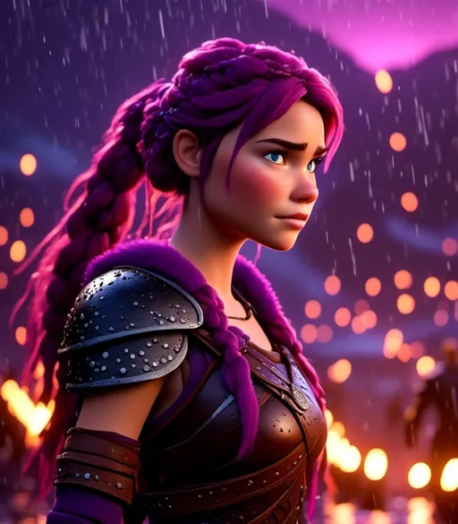 Prompt: <mymodel>CGI Animation, digital art, 20-year-old-old viking woman with light blue eyes, she looks very sad and angry, standing in a battle arena at night in the rain, purple hair with purple strands, single braid down her shoulder with a tiara, unreal engine 8k octane, 3d lighting, close up camera shot on the face, full armor