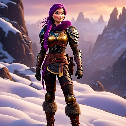 Prompt: Photo of <mymodel> standing in the snow, viking warrior, light blue eyes, purple hair, single braid down her shoulder, black gear, gold armor, black pants, gold boots