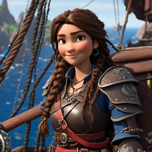 Prompt: <mymodel>CGI Animation, 20-year-old-old pirate woman, head is in rhe shape of an oval, {{brown gear, silver armor}}, brunette hair, dreadlocks, subtle smile, beads hair, small red earrings, multiple braids, straight hair, blue eyes, bracelets, rings on fingers, mercenary gear, unreal engine 8k octane, 3d lighting, full body, full armor