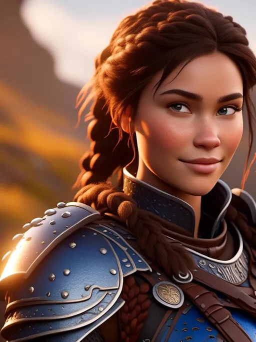 Prompt: <mymodel>Digital art, 18-year-old viking woman, subtle smile, cobalt blue gear, cobalt blue armor, brunette hair, two braids, dark brown eyes, unreal engine 8k octane, 3d lighting, full body, full armor