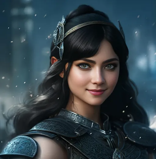Prompt: she has black hair, create most beautiful fictional female princess viking warrior, hopeful smile, black hair, light blue eyes, extremely detailed environment, detailed background, intricate, detailed skin, professionally color graded, photorealism, 8k, moody lighting