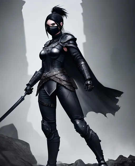 Prompt: Digital Art, a sinister viking woman, black armor, black gear, a black helmet fully covering her face, with a black ponytail coming from the helmet, a black cape, black bracers, black pants, black boots, unreal engine 8k octane, 3d lightning