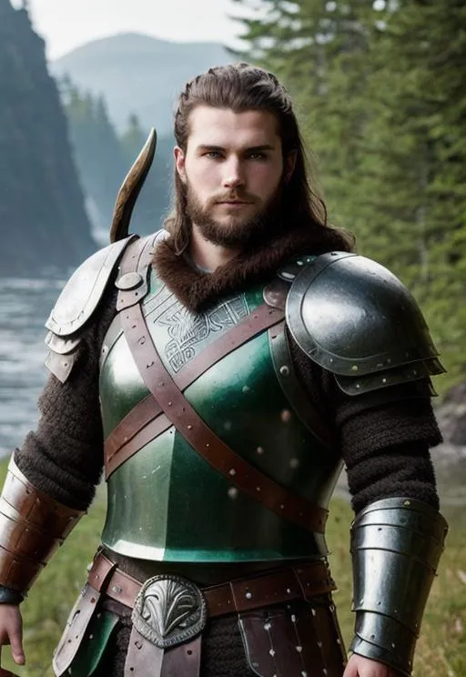 Prompt: Digital art, a 21-year-old viking man, subtle smile, round head, round face, short dark brown hair, brown hair, muscular, viking forest, green gear, silver armor, light green eyes, Tidal Class seal on chest armor, unreal engine 8k octane, 3d lighting.