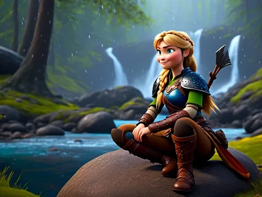 Prompt: <mymodel>CGi Animation, 20-year-old viking woman with blue eyes, ((she is wearing a tiara)), a rainy scene, she is sitting on a boulder in a forest, the viking woman has a subtle smile with it pouring down rain, blonde hair in a ponytail style, she has blue gear, gold armor, black pants, black boots