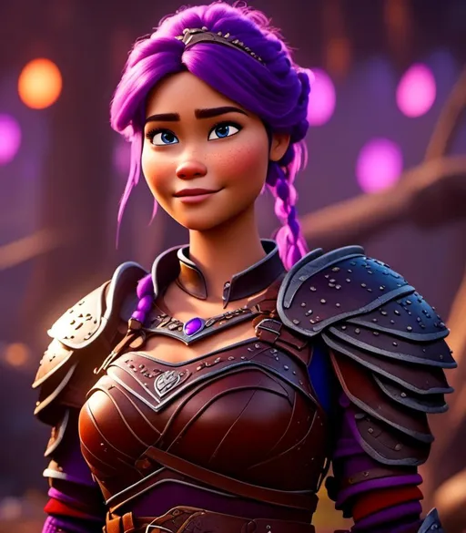 Prompt: <mymodel>CGI Animation, digital art, 20-year-old-old viking woman with light blue eyes, standing in a battle arena at the ready, purple hair with purple strands, single braid down her shoulder with a tiara, subtle smile, unreal engine 8k octane, 3d lighting, close up camera shot on the face, full armor