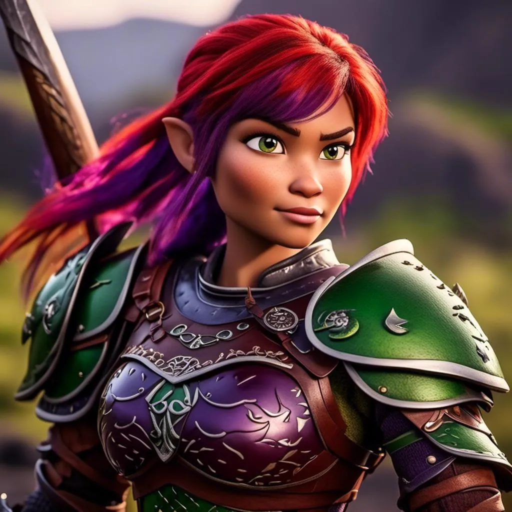 Prompt: <mymodel>Animated CGI style of a fierce Caucasian white Viking female about 25 years old, purple hair, detailed facial features, leather armor ((red)) and green armor, battle axe and shield, intense and determined expression, dynamic and powerful pose, high definition, CGI, detailed armor, fierce female, Nordic designs, battle-ready, dynamic pose, professional lighting