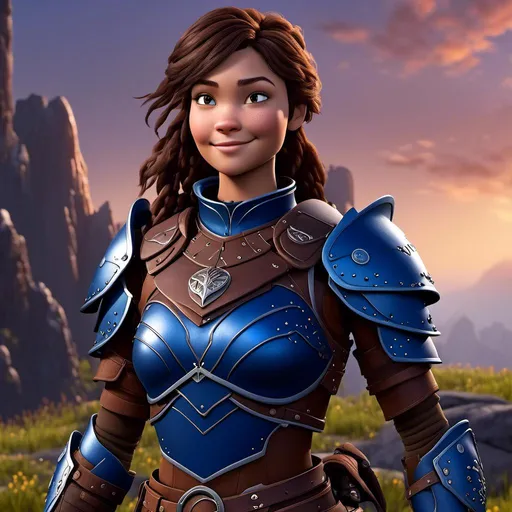 Prompt: <mymodel>Digital art, 18-year-old viking caucasian woman, subtle smile, cobalt blue gear, cobalt blue armor, brunette hair, two braids, dark brown eyes, unreal engine 8k octane, 3d lighting, full body, full armor