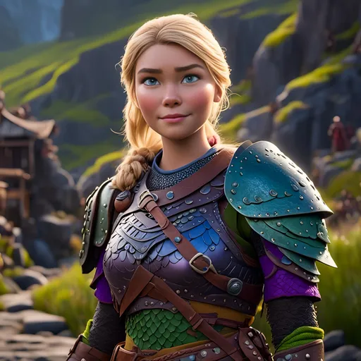 Prompt: <mymodel>CGI Animation of female viking, blonde straight hair a hairband, blue eyes, bright purple and green armor, yellow highlights dor gear and textures, full light body armor, standing in a viking village, intricate details, high quality, digital painting, cool tones, dramatic lighting