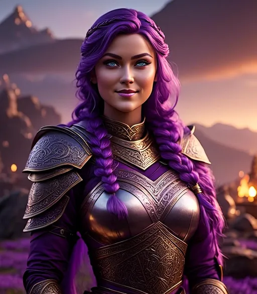 Prompt: <mymodel>CGI Animation, digital art, 20-year-old-old viking woman with light blue eyes, she is overjoyed, purple hair with purple strands, single braid down her shoulder with a tiara, unreal engine 8k octane, 3d lighting, close up camera shot on the face, full armor