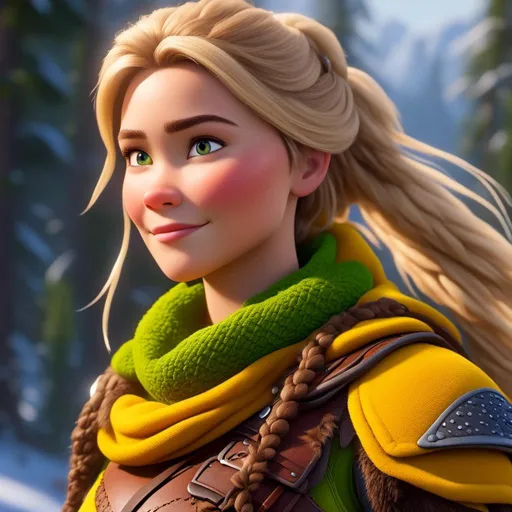 Prompt: <mymodel>CGi Animation, 20-year-old viking woman with one hair braid, subtle smile, blonde hair, blue eyes, green gear, green armor, yellow clothes, yellow textures and highlights, unreal engine 8k octane, 3d lighting, full body, full armor