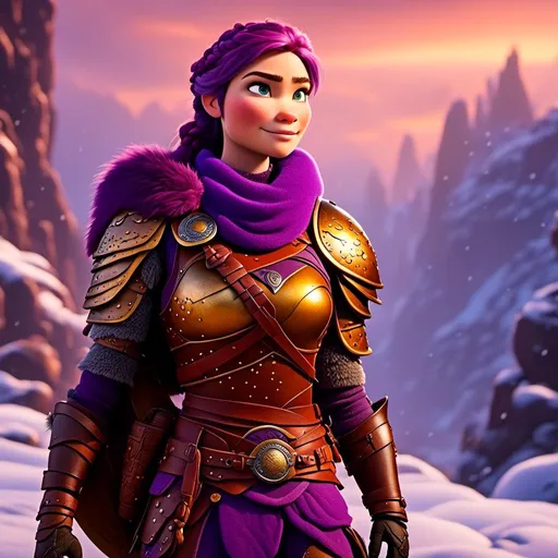 Prompt: Photo of <mymodel> standing in the snow, viking warrior, ((light blue eyes)), purple hair, single braid down her shoulder, purple gear, gold armor, purple pants, gold boots