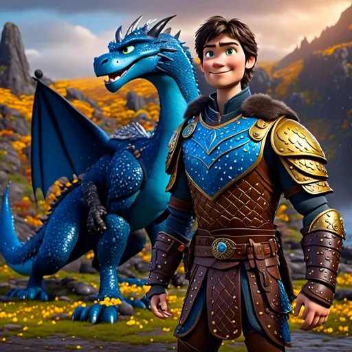 Prompt: <mymodel>CGi Animation, 20-year-old viking man with blue eyes, a rainy scene, he is standing next to a bright blue dragon with gold highlights, they are both in the rain, the viking man has a subtle smile, black hair, he has blue gear, gold armor, black pants, black boots