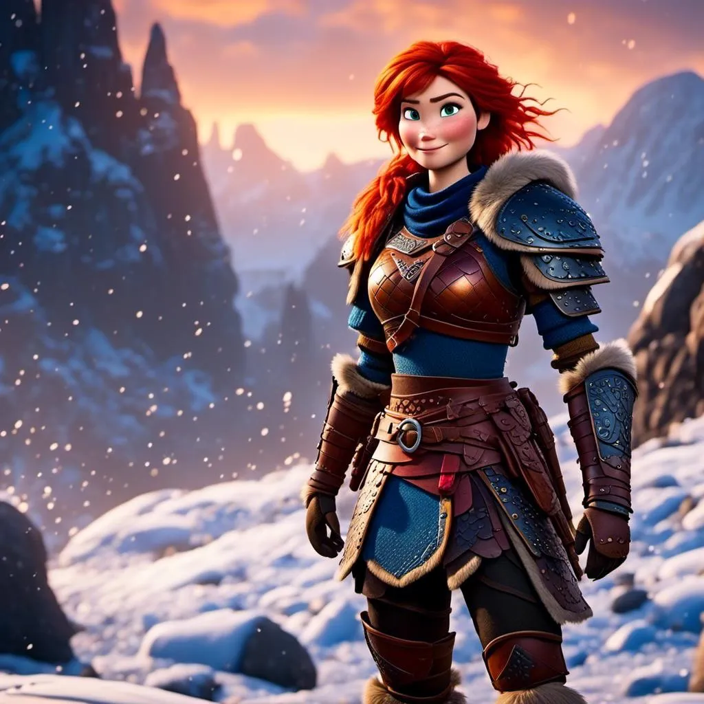 Prompt: <mymodel>CGi Animation, 25-year-old viking woman warrior with blue eyes, a snowy scene, the viking woman has a subtle smile, red hair, she has red gear, gold armor with bursts of blue textured splotches, black pants, black boots