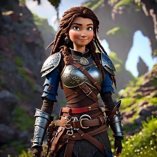 Prompt: <mymodel>CGI Animation, 20-year-old-old pirate woman, brown gear, silver armor, brunette hair, dreadlocks, subtle smile, beads hair, small red earrings, multiple braids, straight hair, blue eyes, bracelets, rings on fingers, mercenary gear, unreal engine 8k octane, 3d lighting, full body, full armor