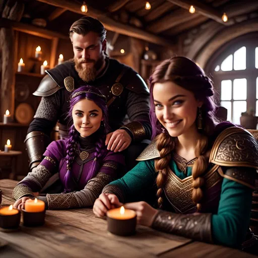 Prompt: Photo of a young <mymodel> sitting at the supper table with her husband a young Jarl Mollerson with short brown hair and no beard in their viking house