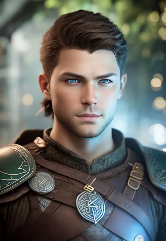 Prompt: he has short brown hair, create most handsome fictional male viking warrior, short brown hair, light green eyes, extremely detailed environment, detailed background, intricate, detailed skin, professionally color graded, photorealism, 16k, moody lighting