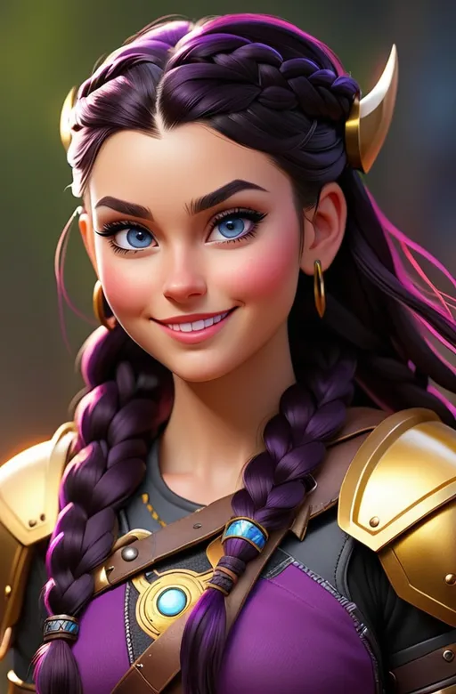 Prompt: Digital art, bright colors, subtle smile, 23-year-old woman viking, dark purple hair, one braid, light blue eyes, cut over left eye to on cheekbone, black gear, gold armor, unreal engine 8k octane, 3d lighting, full body, full armor