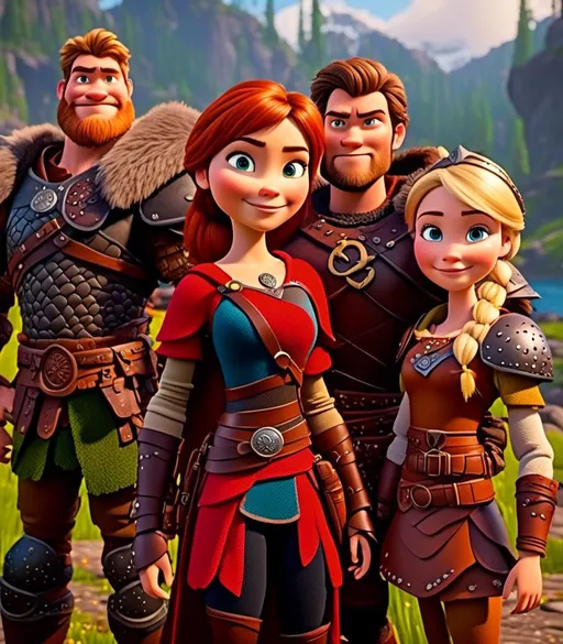 Prompt: <mymodel>CGI Animation, digital art, 20-year-old-old viking woman with light blue eyes and blonde hair standing with her older brother and younger sister, older brother has brown hair and green eyes, her younger sister has brunette hair and brown eyes, the viking woman has red clothes, blue colored armor, blonde straight hair, subtle smile, unreal engine 8k octane, 3d lighting, full armor