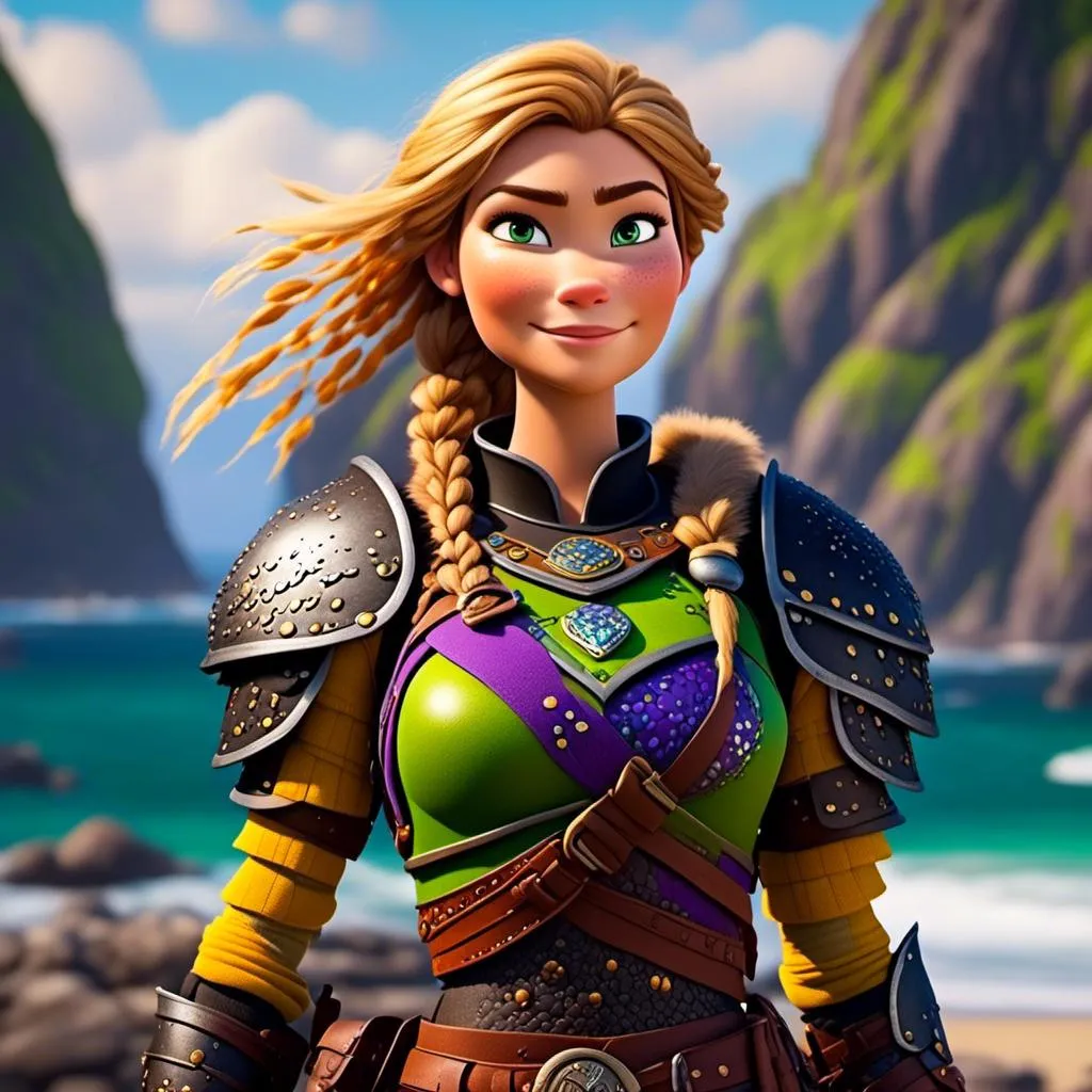 Prompt: <mymodel>CGi Animation, 25-year-old viking woman warrior with yellow eyes, a hot summer day at the beach, the viking woman has a subtle smile, hazel color hair, she has green gear, purple armor with bursts of gold textured splotches, black pants, black boots