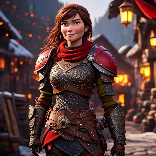 Prompt: <mymodel>CGI Animation of a viking female, brown hair in her face, hazel eyes, bright red gear and armor, she has heavy gauntlets on her hands with armored gloves, yellow highlights and textures, standing in a viking village, intricate details, high quality, digital painting, cool tones, dramatic lighting