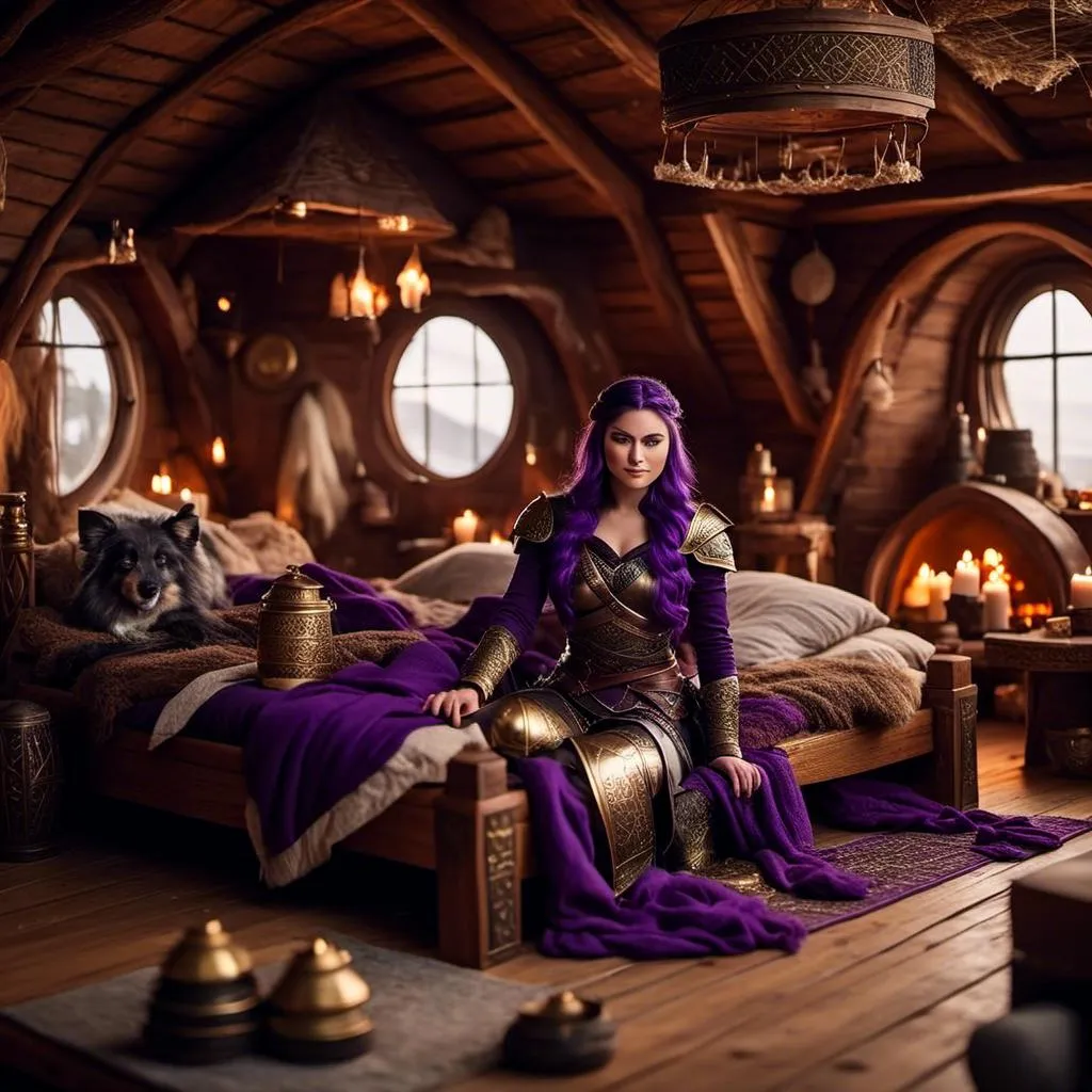 Prompt: Photo of <mymodel> lying on her bed in her viking house