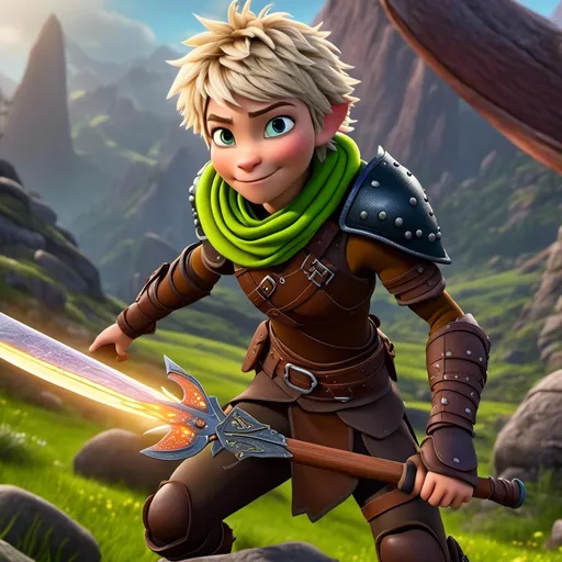 Prompt: <mymodel>CGI Animation, sinister viking boy, 18-year-old, chaotic evil, blonde short messy hair, no facial hair, neon green bandana scarf, dark brown, dark brown long-sleeve shirt, pants, leather armor, two daggers, dozen throwing knives