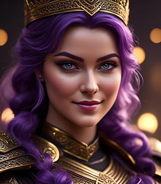 Prompt: <mymodel>CGI Animation, digital art, 20-year-old-old viking woman with light blue eyes, she is overjoyed, purple hair with purple strands, she is standing on a grand stair case, single braid down her shoulder with a tiara, unreal engine 8k octane, 3d lighting, close up camera shot on the face, full armor