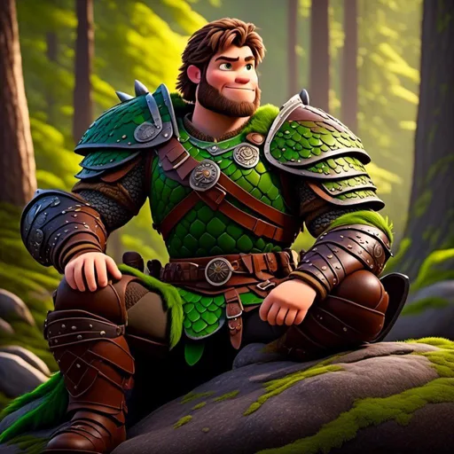 Prompt: <mymodel>Male viking warrior, thin and light muscle build, sitting on a boulder in the forest, there is a large green dragon next to him, short brown hair, green eyes, green armor, brown gear, brown pants, brown boots, historical, strong and natural lighting