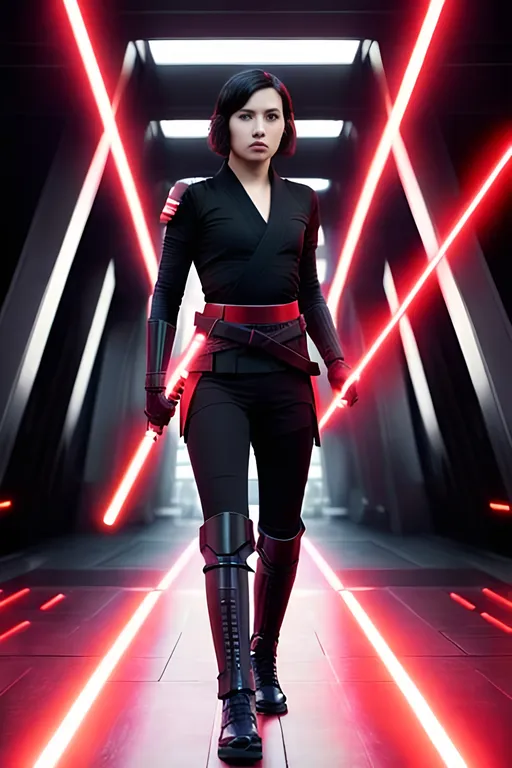 Prompt: Digital Art, A young woman Sith lord standing on an Imperial dreadnaught bridge, with black short-length hair, two lightsabers one red and one light pink, black pants, a subtle smile, a black short sleeve shirt, a black vest past the waist, a black belt, sleek black boots, unreal engine 8k octane, full body, full gear