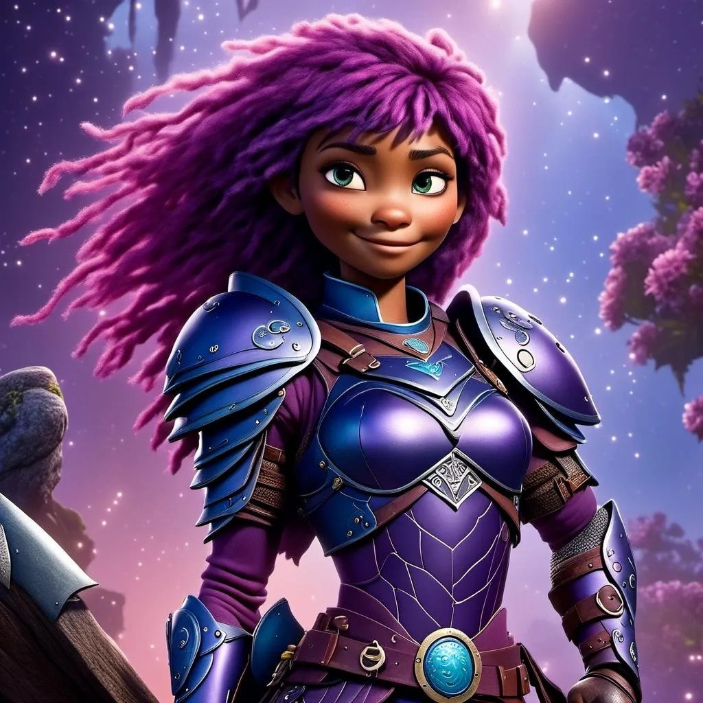 Prompt: a photo of <mymodel>, a {{{caucasian viking female}}} with purple hair and purple gear and armor with bursts of blue textures