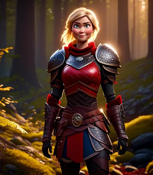 Prompt: <mymodel>CGI Animation, digital art, 20-year-old-old viking woman with light blue eyes standing in a dimly lit forest, blue clothes, red colored armor, blonde straight hair, subtle smile, unreal engine 8k octane, 3d lighting, full armor