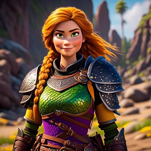 Prompt: <mymodel>CGi Animation, 25-year-old viking woman warrior with yellow eyes, a hot summer day at the beach, the viking woman has a subtle smile, hazel color hair, she has green gear, purple armor with bursts of gold textured splotches, black pants, black boots