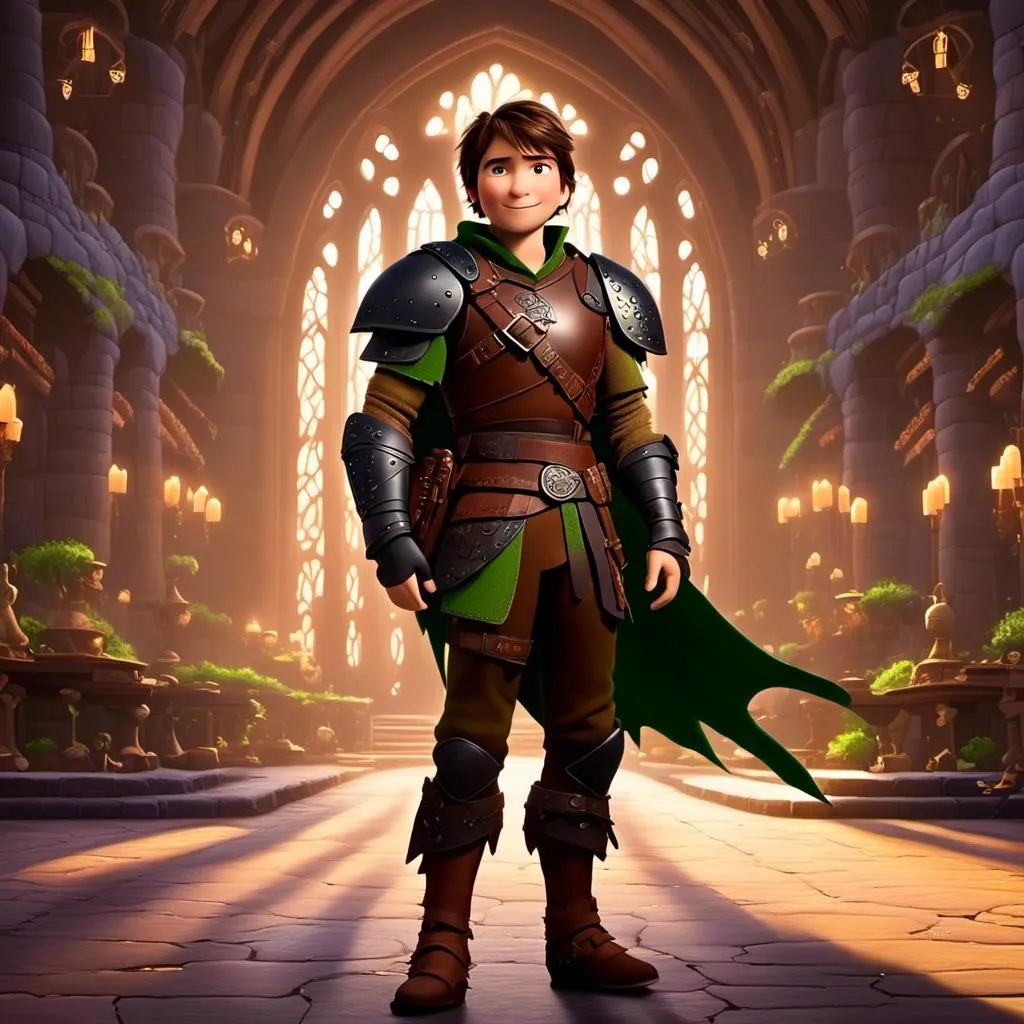 Prompt: <mymodel> viking man, lawyer, thin, small stature, standing in The Great Hall, medium length brown hair, brown eyes, no armor, European-like brown gear, brown leather vest, long sleeve green shirt underneath the brown leather vest, black highlights on his clothes, brown pants, brown boots, historical, strong and natural lighting