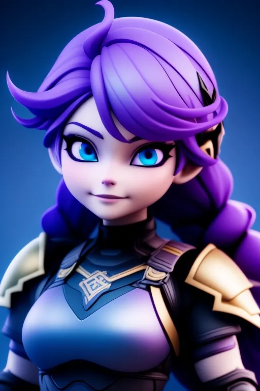 Prompt: Digital art, bright colors, subtle smile, 20-year-old woman viking, dark purple hair, one braid, light blue eyes, cut over left eye to on cheekbone, black gear, gold armor, unreal engine 8k octane, 3d lighting, full body, full armor