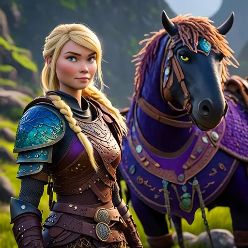 Prompt: <mymodel>CGI Animation of female viking, blonde straight hair, blue eyes, bright purple and green armor, yellow highlights dor gear and textures, full light body armor, standing in a viking village, intricate details, high quality, digital painting, cool tones, dramatic lighting