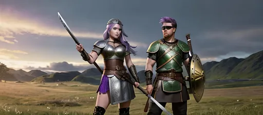 Prompt: create a female and male viking warriors, the female has purple hair and is holding and axe, her gear is black and silver.

The male has short brown hair with a gold helmet and holds a sword, his gear is shades of green with brown leather

They are in a grassy field