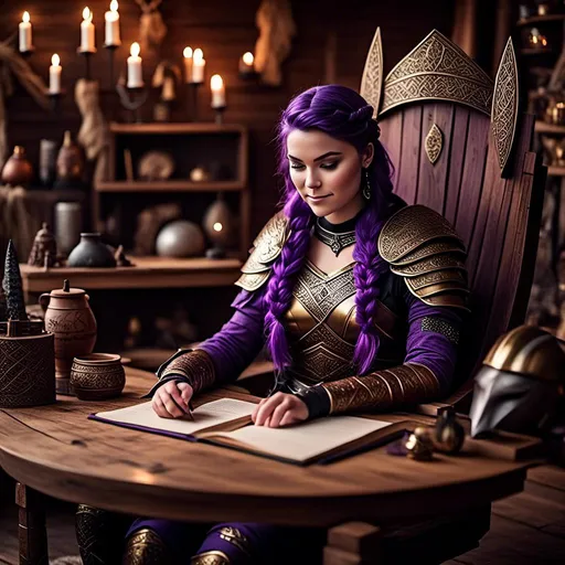 Prompt: Photo of <mymodel> with no armor casually relaxing sitting at a desk in her viking house